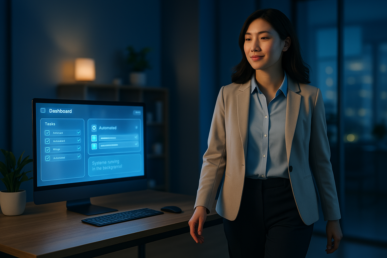 A woman is standing in front of a computer monitor.