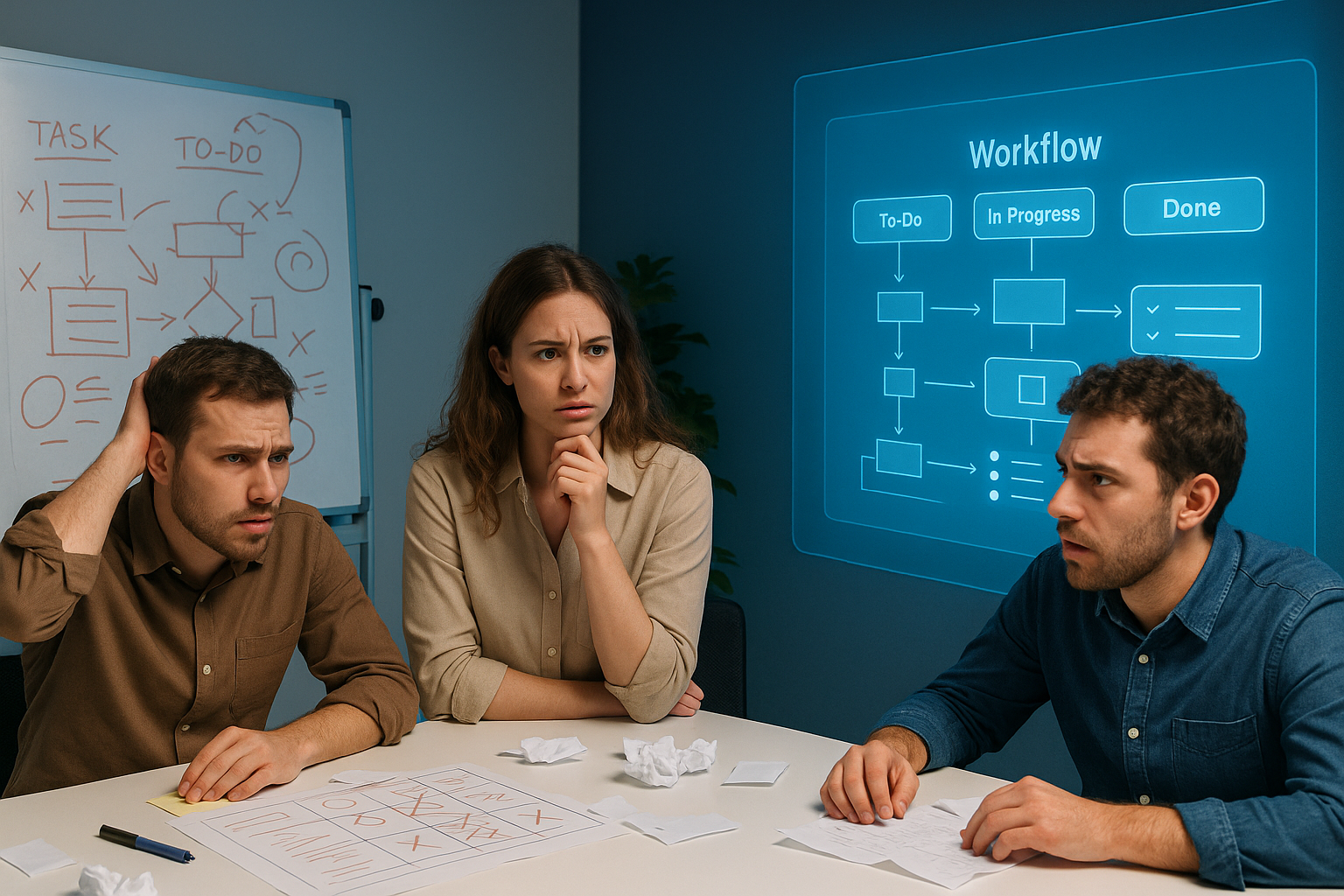 A group of people are sitting at a table in front of a whiteboard.
