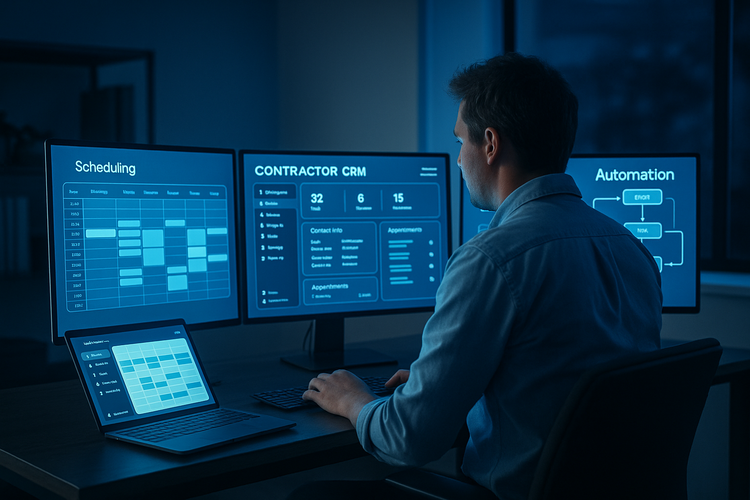 Contractor reviewing digital dashboard showing scheduling, CRM, and automation tools