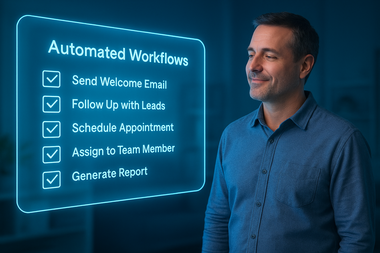 Contractor setting up quick automations on a neon-blue checklist interface