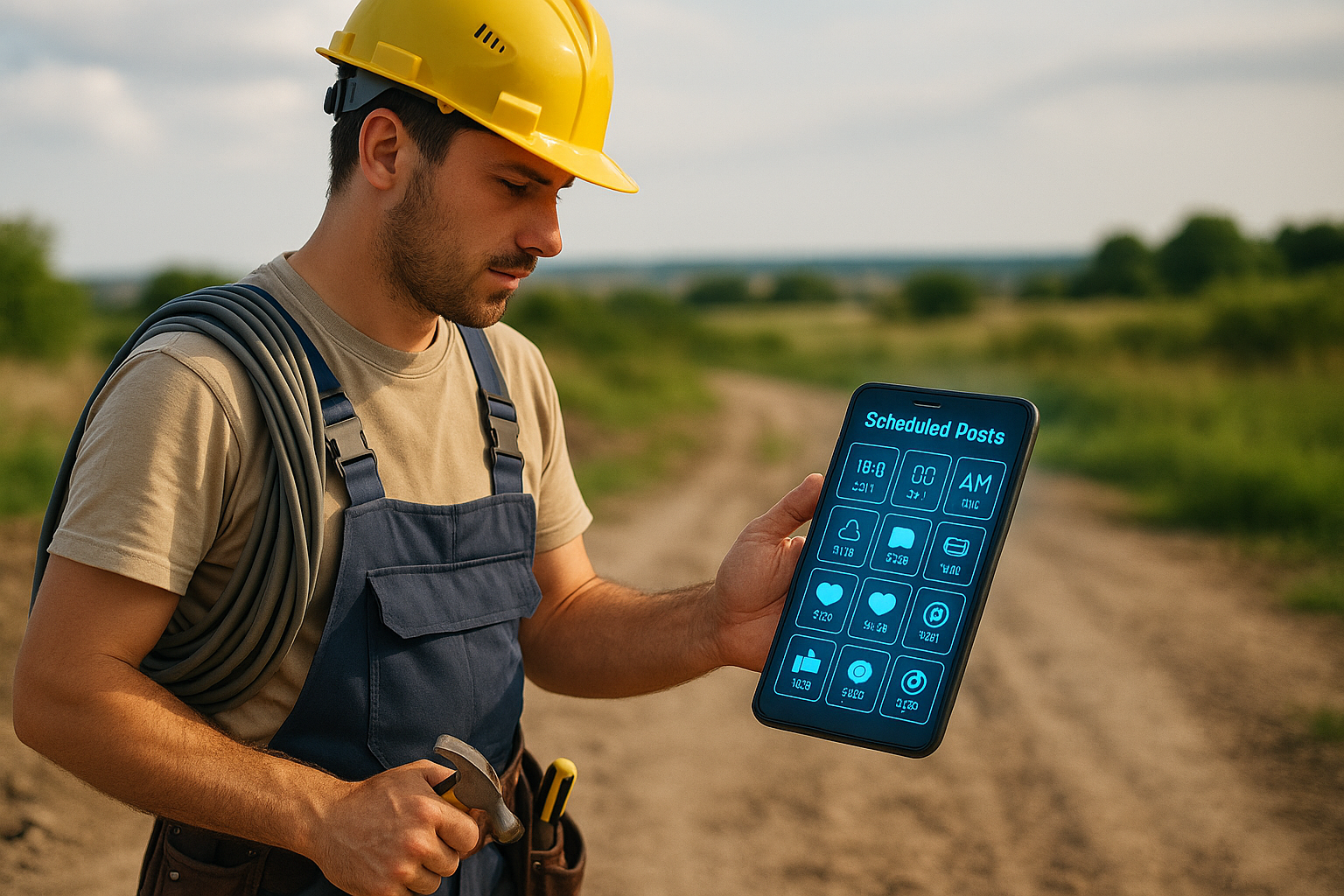 Contractor viewing scheduled content on phone in neon blue interface