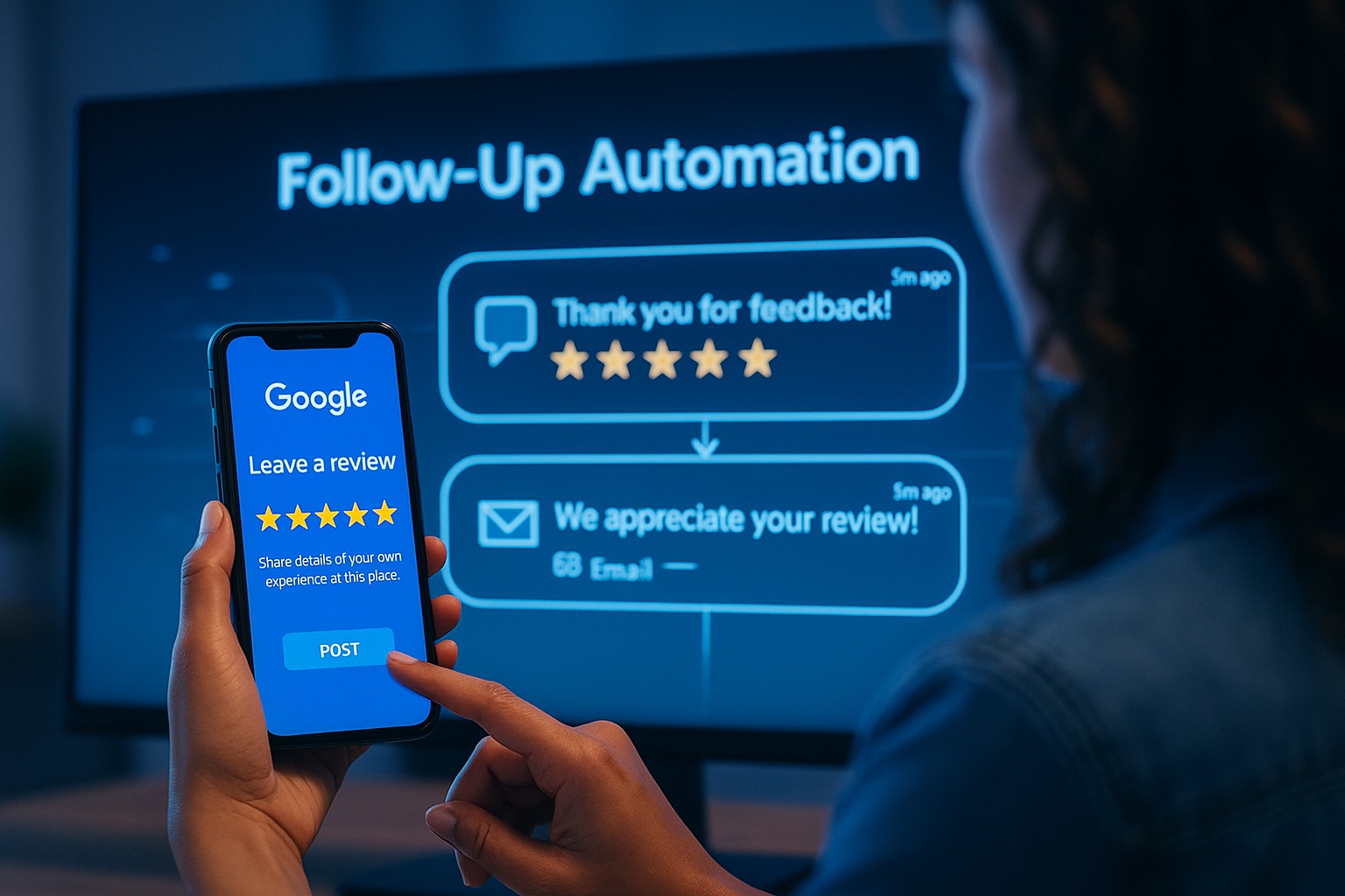 Customer leaving a 5-star review with review request automations running in background
