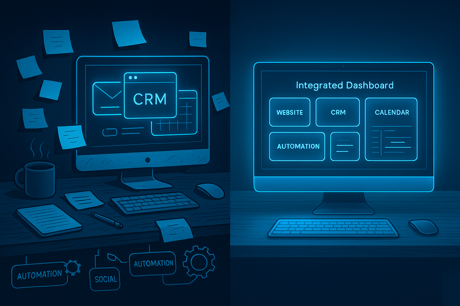 Disconnected business tools vs. streamlined blue-lit system dashboard