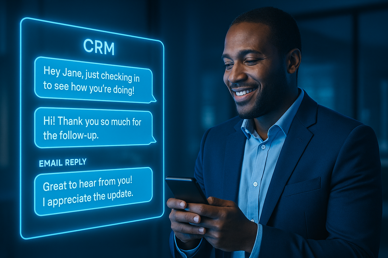 Friendly follow-up automation messages shown in blue-lit CRM system dashboard