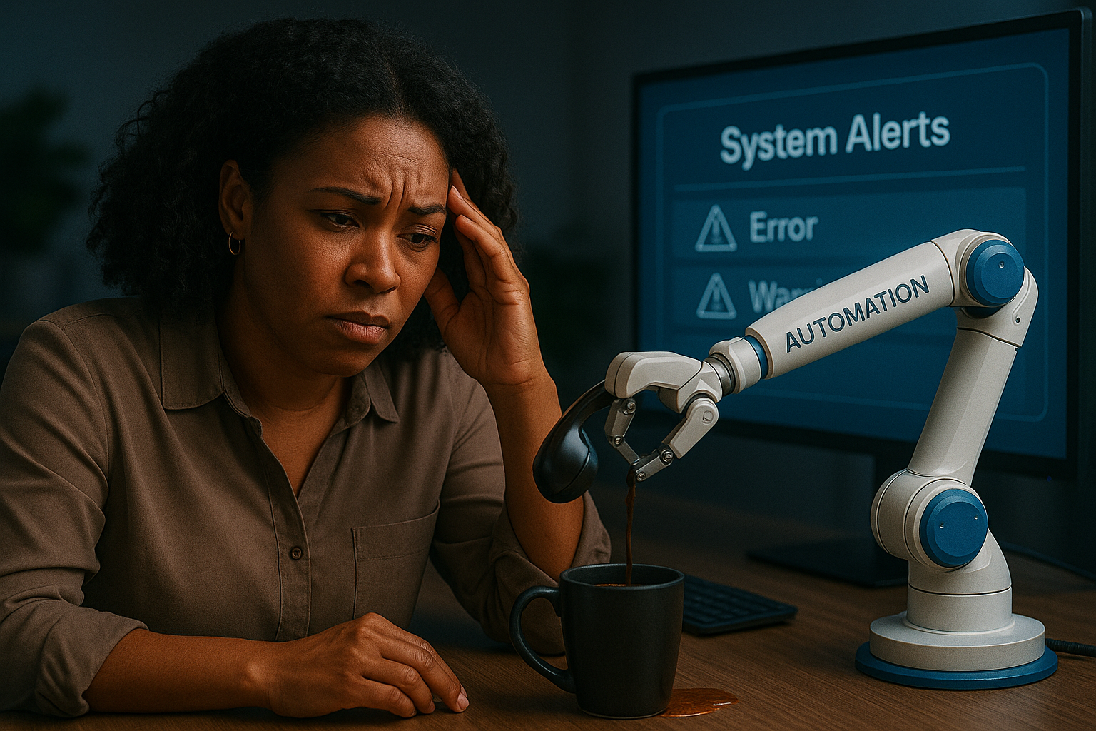 A woman is sitting at a table with a robotic arm and a cup of coffee.