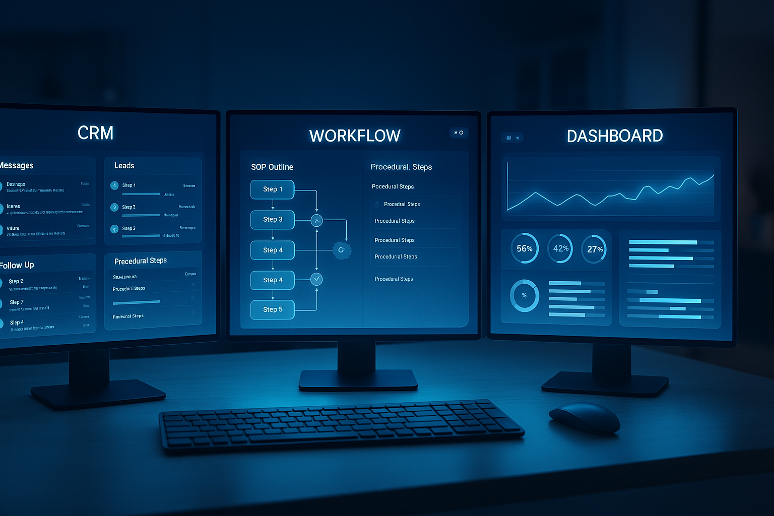 Three computer monitors are on a desk with a keyboard and mouse.