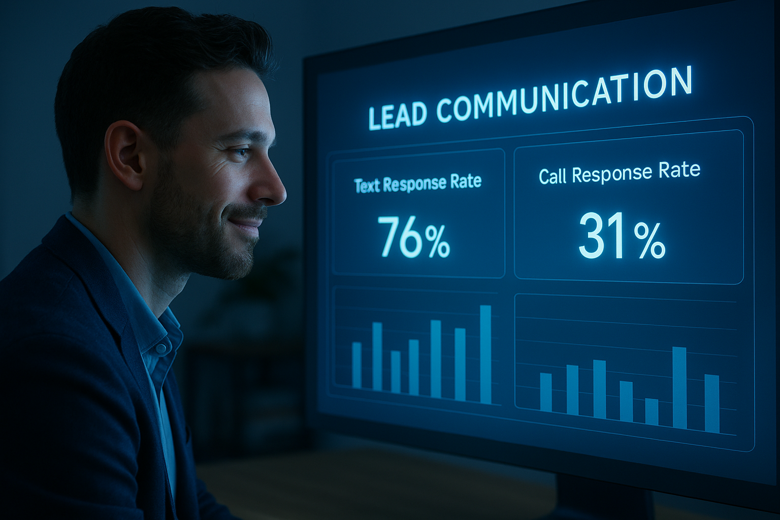 Lead response dashboard showing call vs text response rates in neon blue lighting