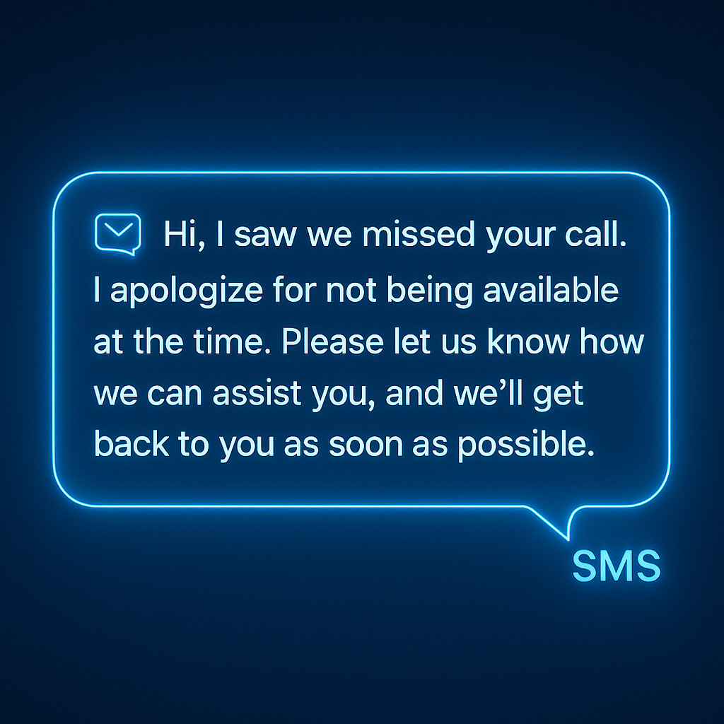 Missed call alert with auto text back shown in blue-lit business dashboard