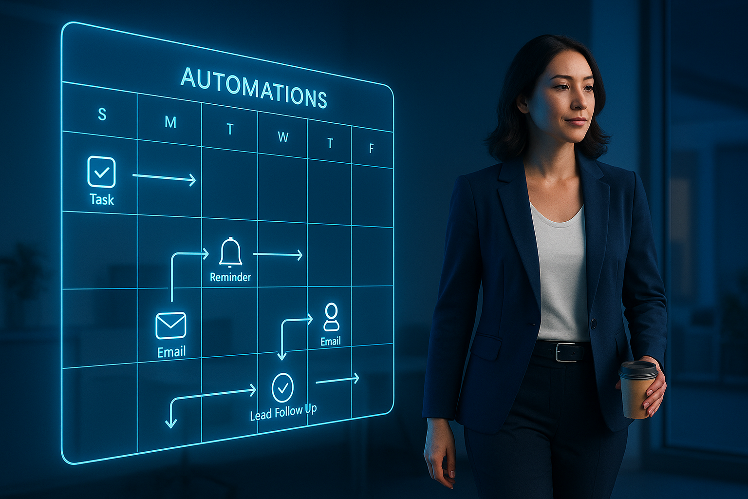 Neon blue calendar dashboard automating tasks while business owner steps away confidently