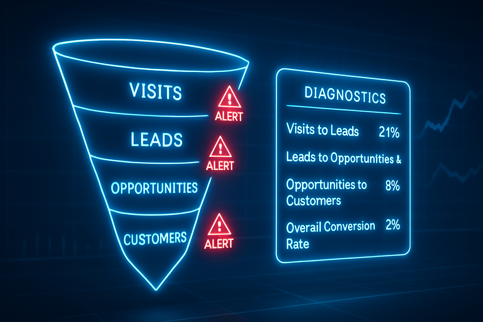 A neon sign shows the stages of a sales funnel
