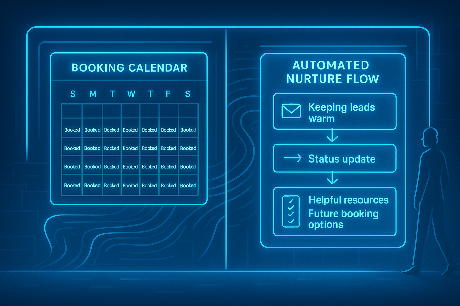 Neon blue dashboard showing busy calendar and automated lead nurture workflow running side by side