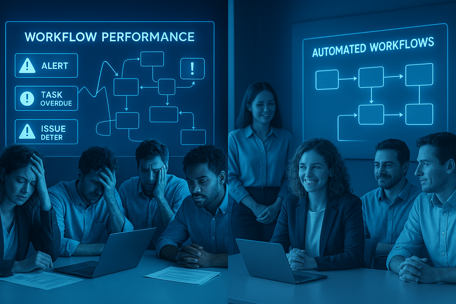 Neon blue dashboard showing inconsistent vs consistent workflows side by side