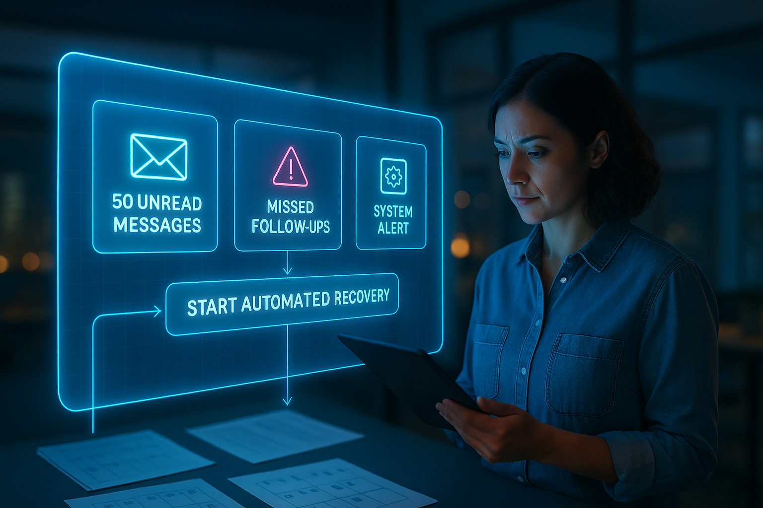 Neon blue dashboard showing missed follow-ups and unread messages with client workflow alerts