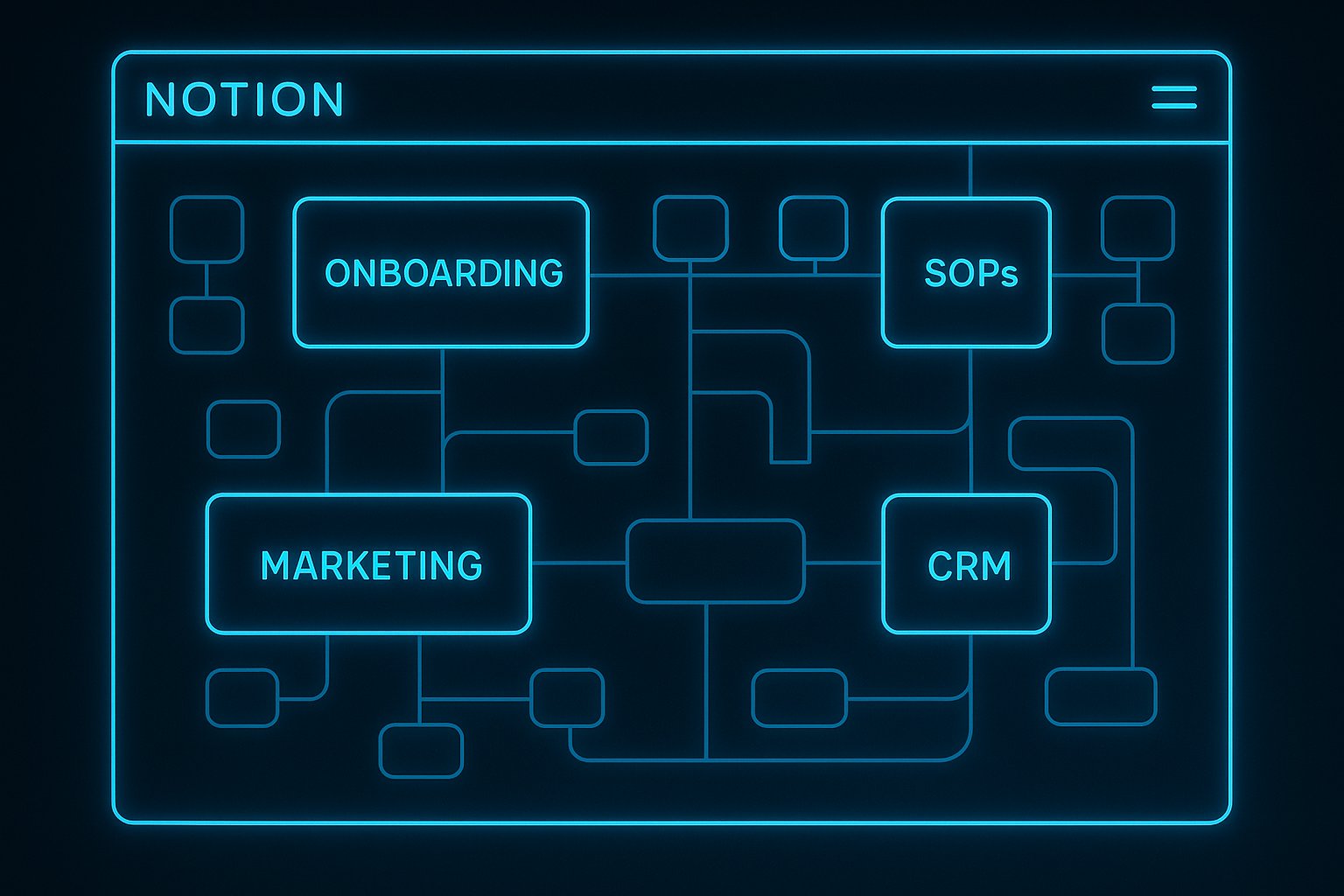 Neon blue digital blueprint of interconnected business systems in a Notion-style dashboard