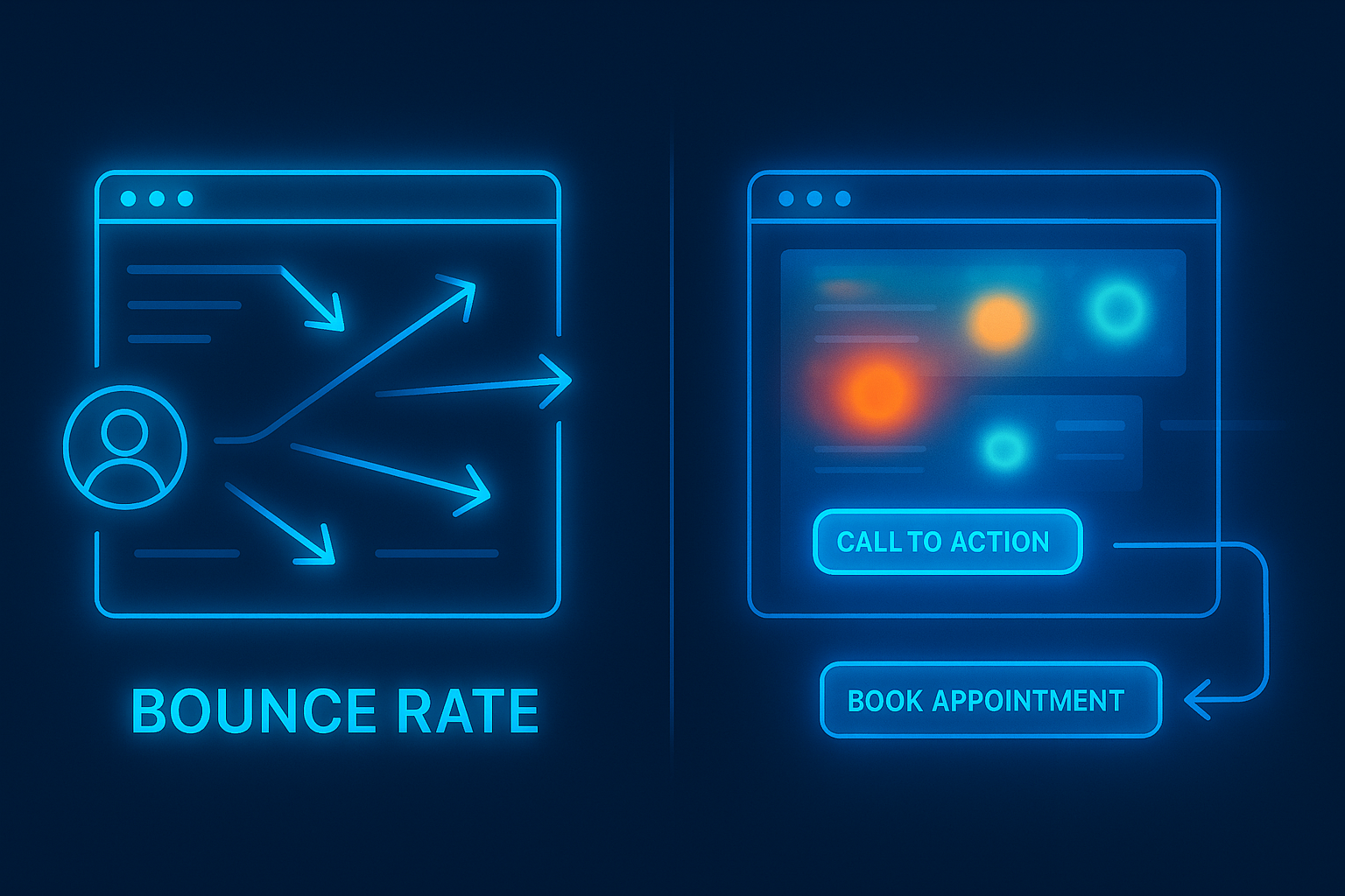 Neon blue website with high bounce traffic next to panel showing engaged clicks and CTA conversions
