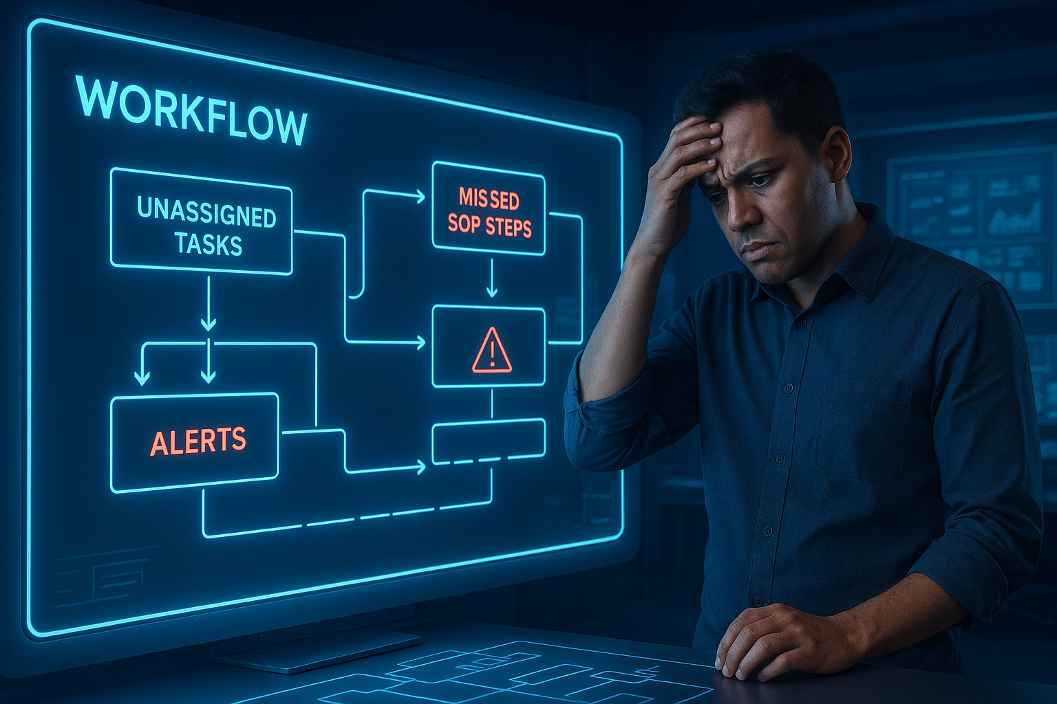 Neon blue workflow dashboard with missed SOP steps and a team leader reviewing adoption alerts