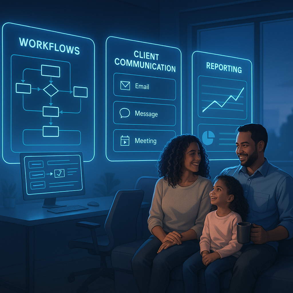 Neon blue workspace running automated workflows while owner enjoys personal time nearby
