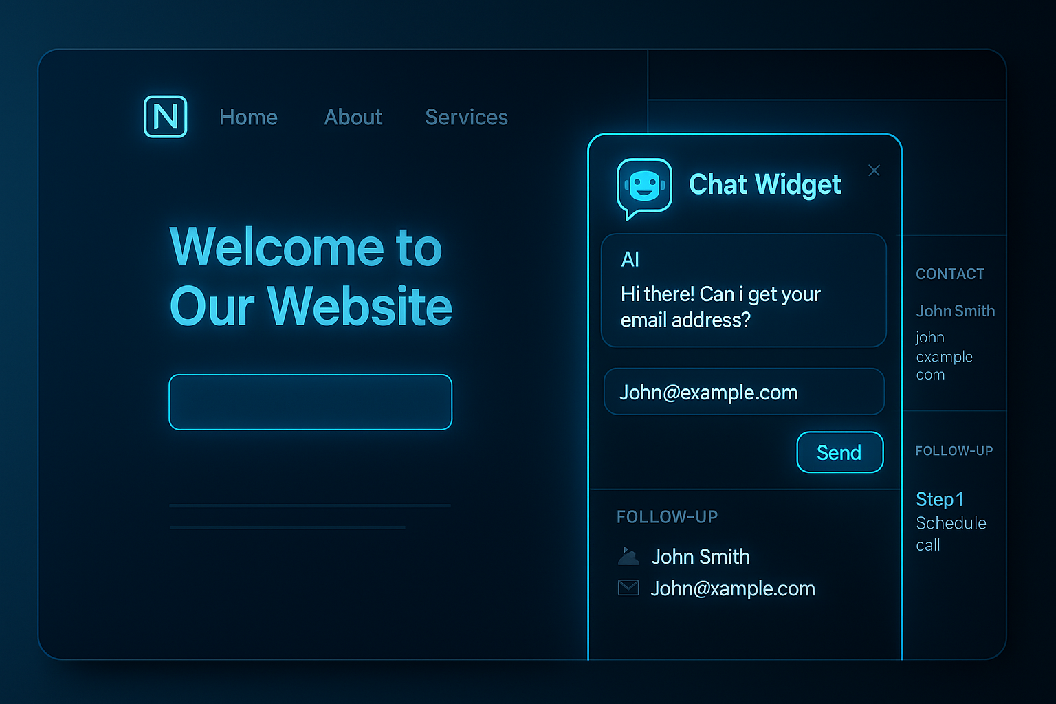 Neon chat widget asks lead question while automation dashboard captures info and starts sequence