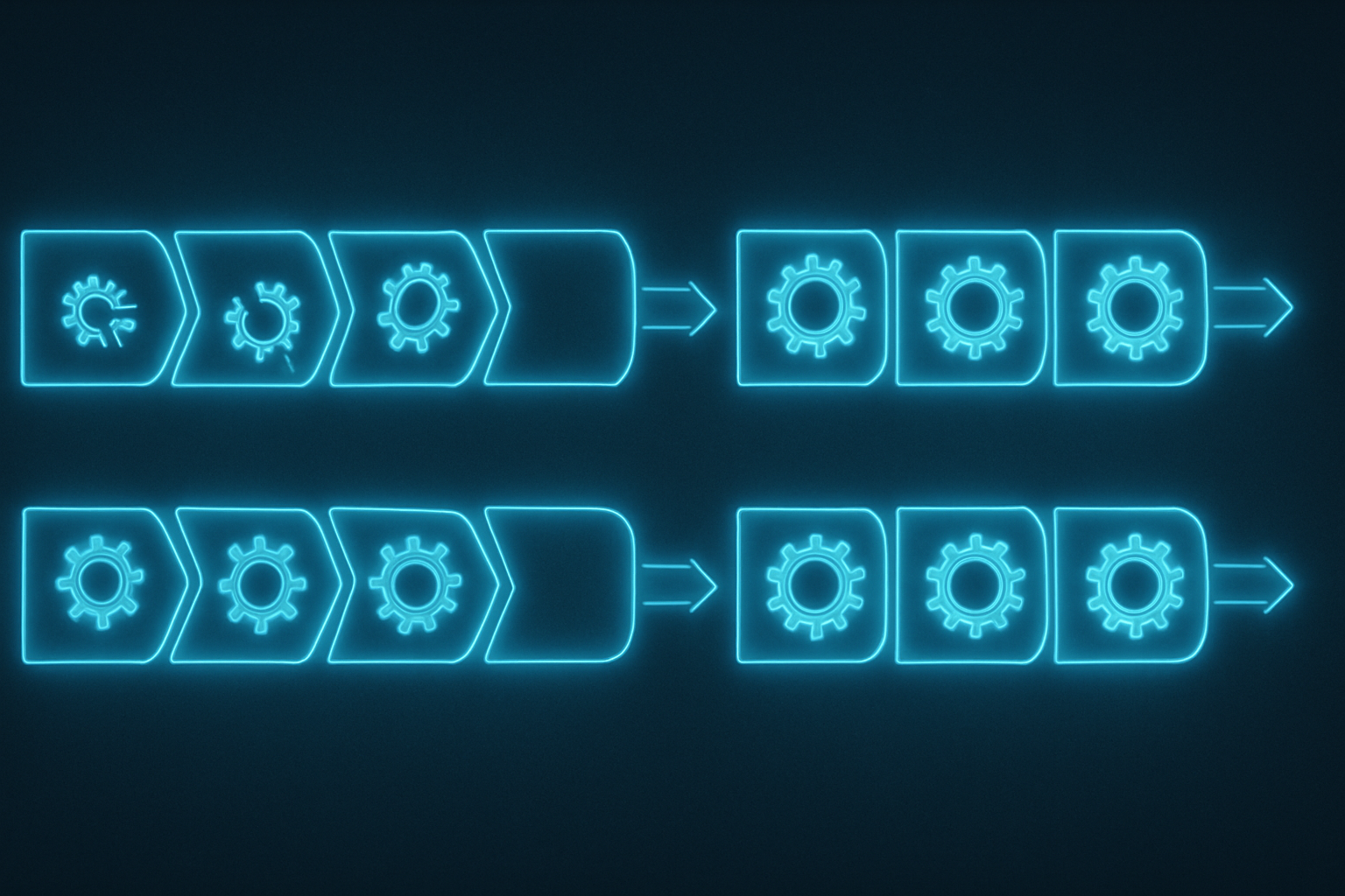 A set of neon gears and arrows on a dark background.