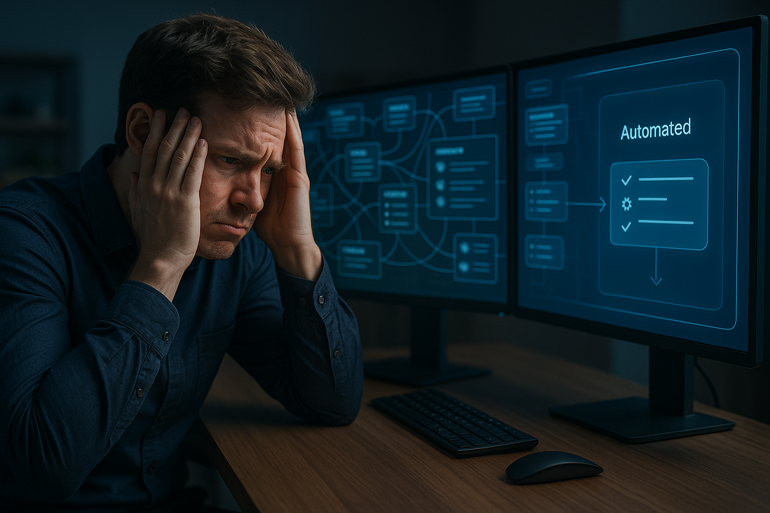 A man is sitting in front of two computer monitors with his hands on his head.