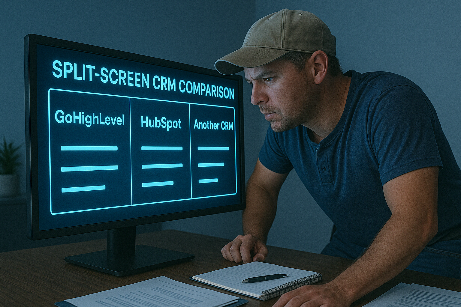 Small business owner comparing CRM tools on neon-blue dashboards