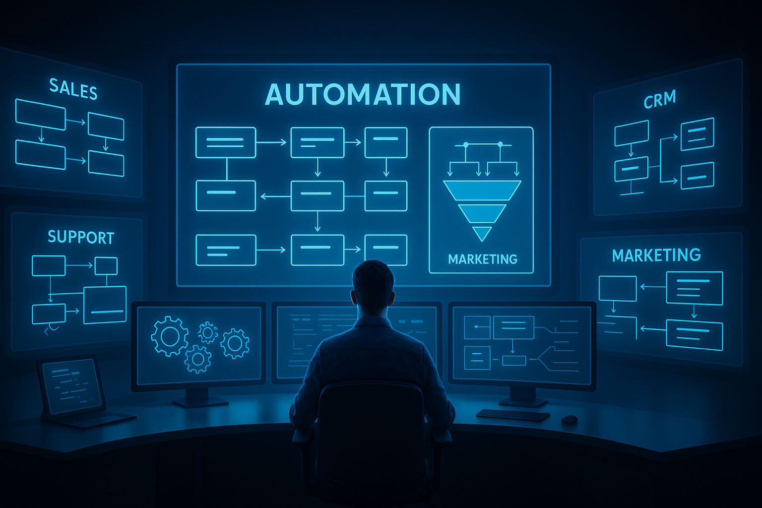A man is sitting in front of a computer screen that says automation.