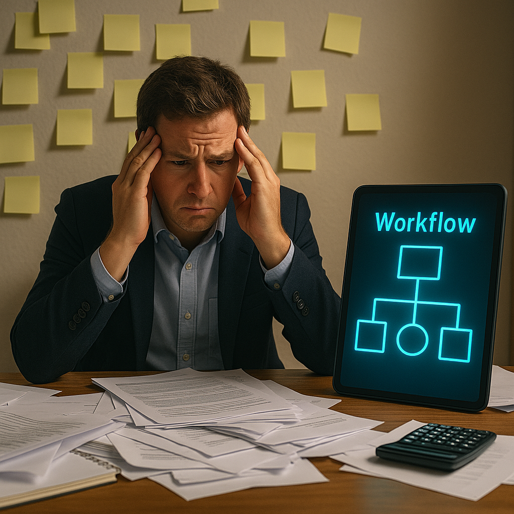 Stressed business owner surrounded by chaos with a glowing blue dashboard