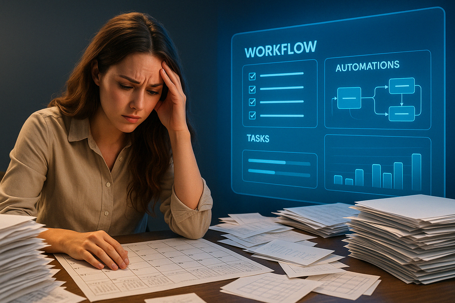 A woman is sitting at a desk with a stack of papers.