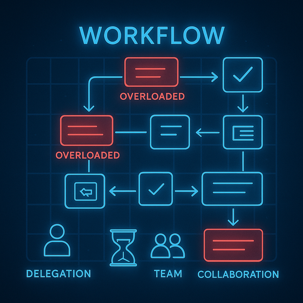 A neon workflow diagram on a dark blue background.