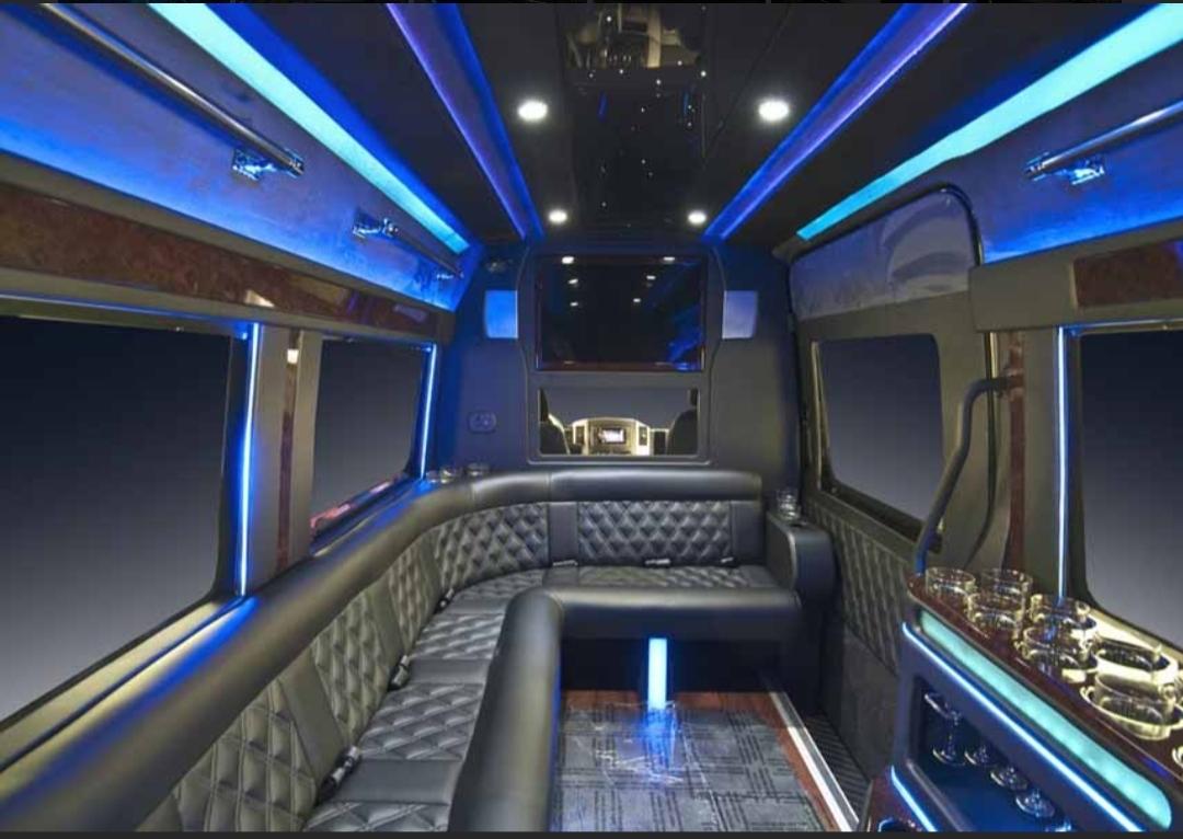 interior of limo with blue lights on