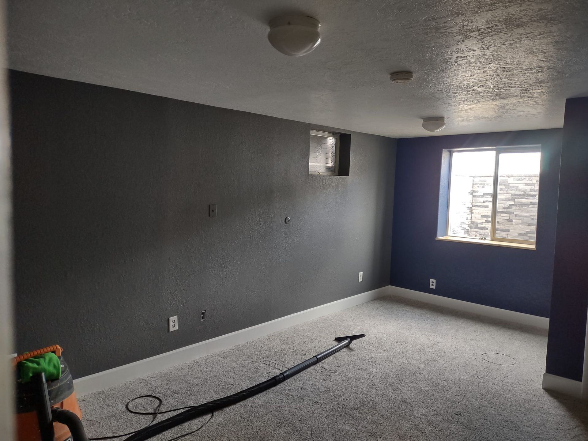 Dark gray-painted room with carpet, a window, and a vacuum cleaner. White trim and ceilings.