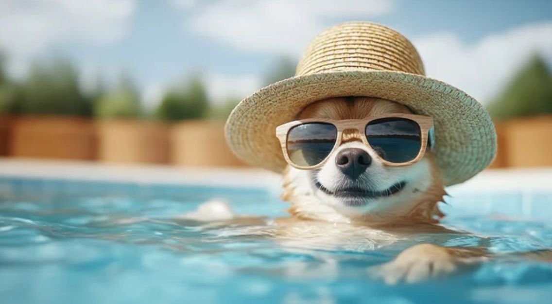 A dog wearing a hat and sunglasses is swimming in a pool.