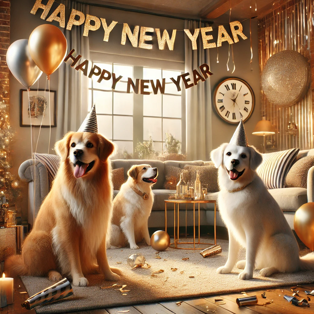 Three dogs are sitting in a living room with a banner that says happy new year