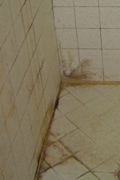 A bathroom with dirty tiles and a dirty floor.