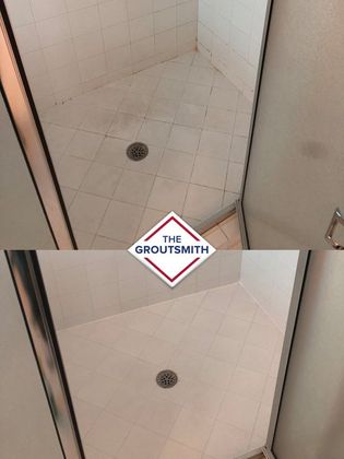 A before and after photo of a shower with the groutsmith logo