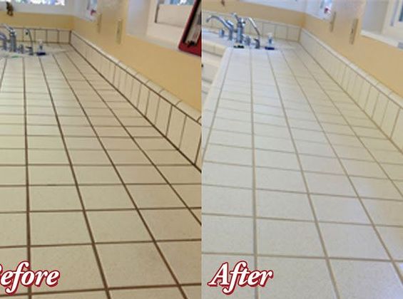 A before and after photo of a tiled floor