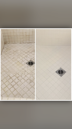 There is a before and after picture of a shower floor.