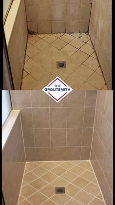 A before and after photo of a tiled shower floor.