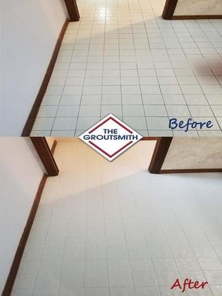 A before and after photo of a tile floor