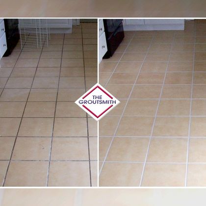 A before and after photo of a tile floor by the groutsmith