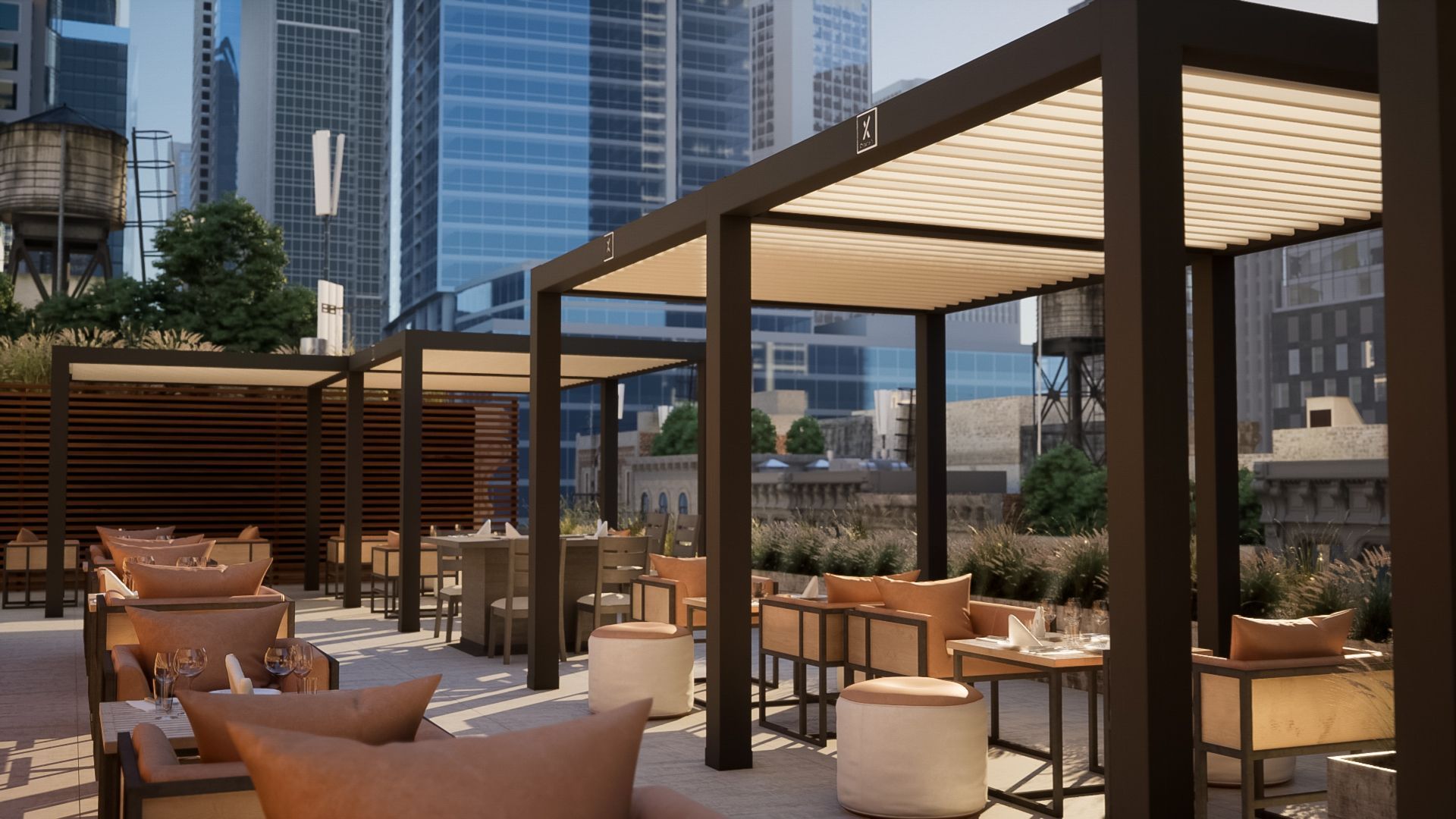 Rooftop outdoor lounge with tables, couches, and overhead canopy, overlooking a city skyline.