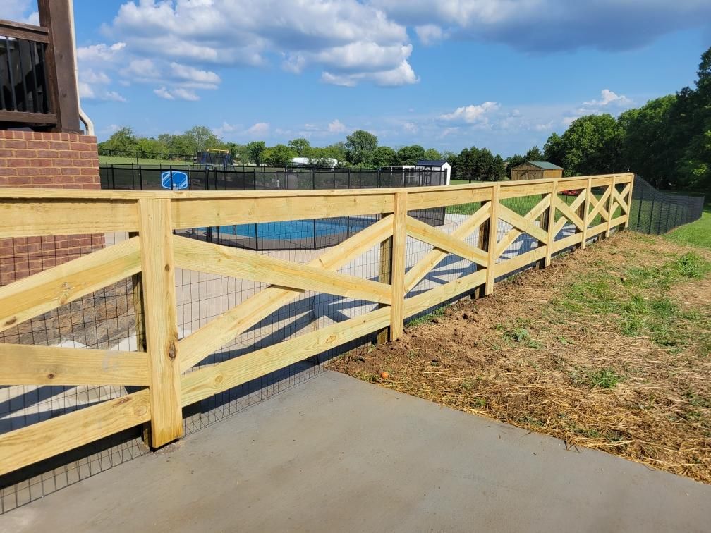 A wooden fence surrounds a swimming pool in a backyard. Middle, TN