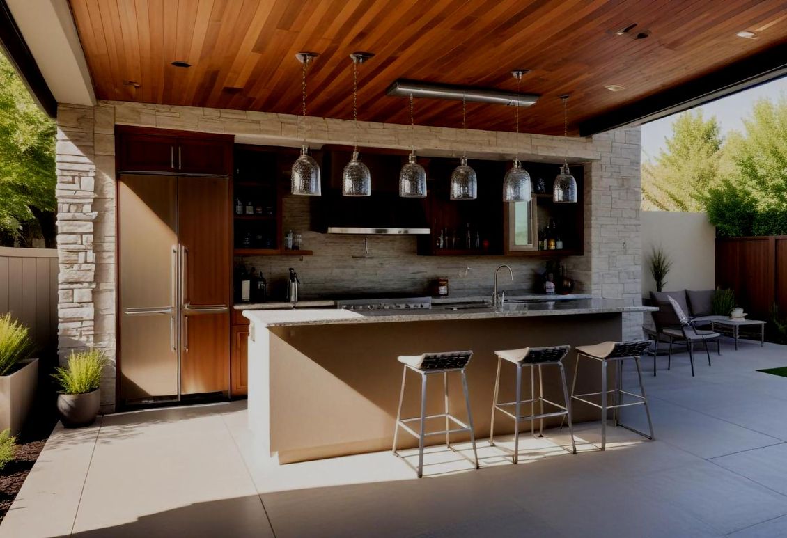 A kitchen with a large island and stools under a wooden ceiling.