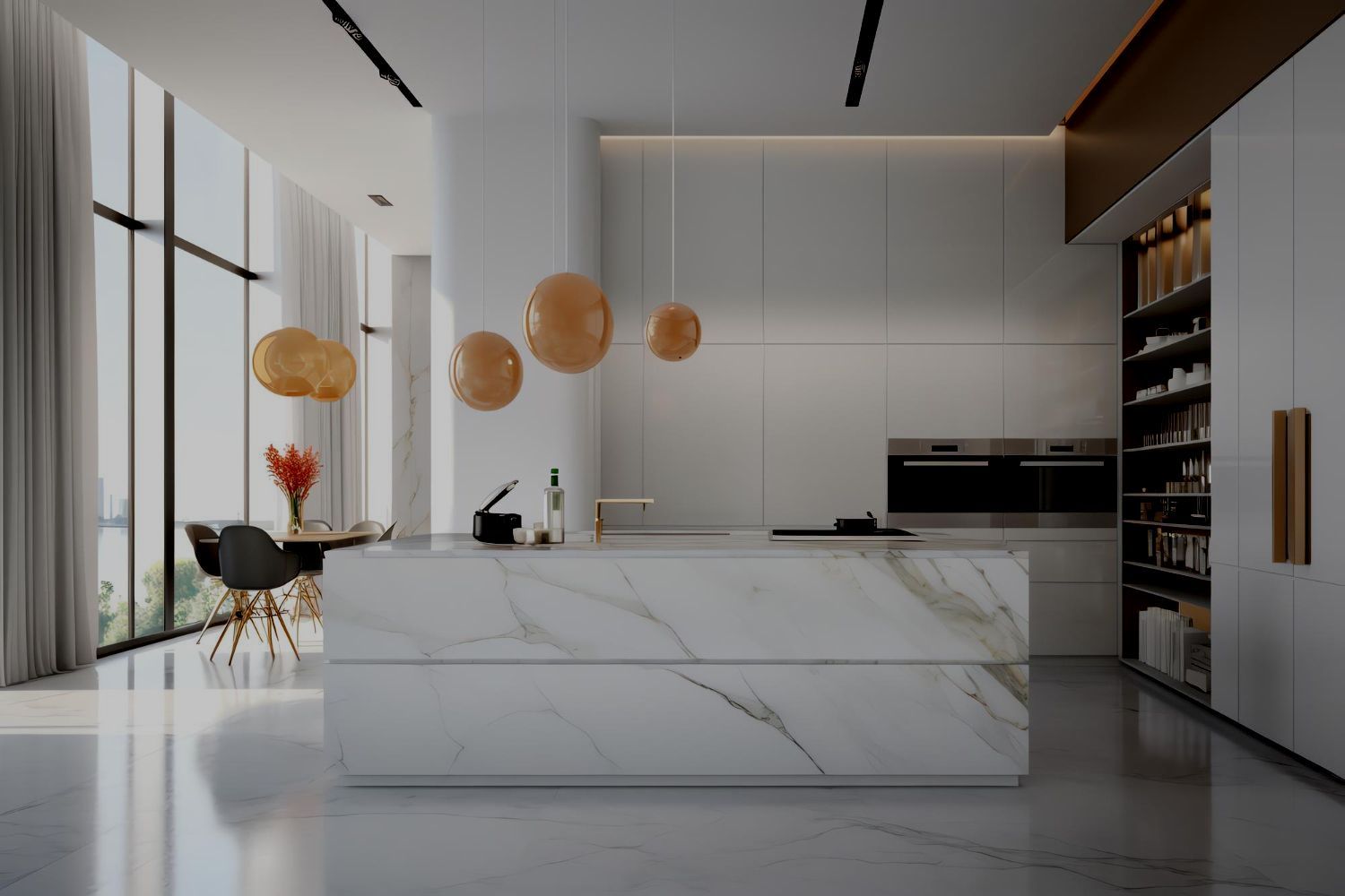 A kitchen with a large island in the middle and a dining room in the background.
