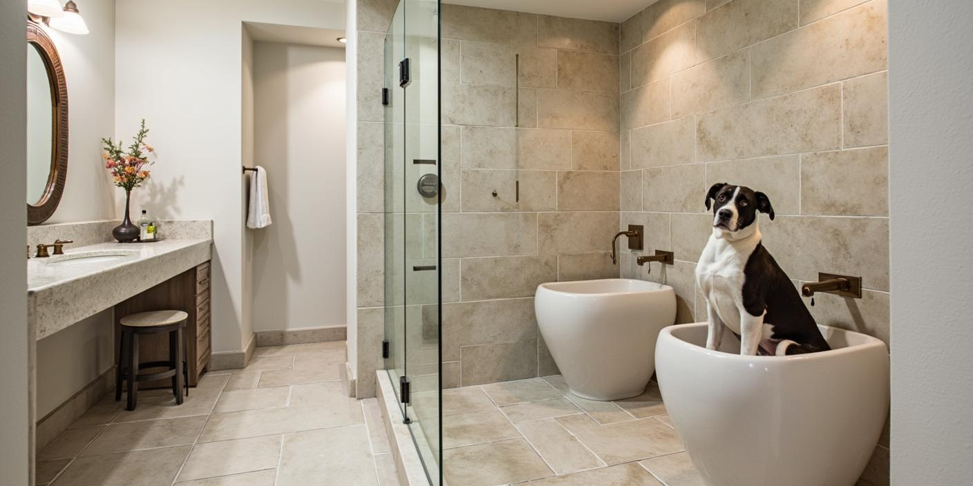 A dog is sitting in a bathtub in a bathroom.