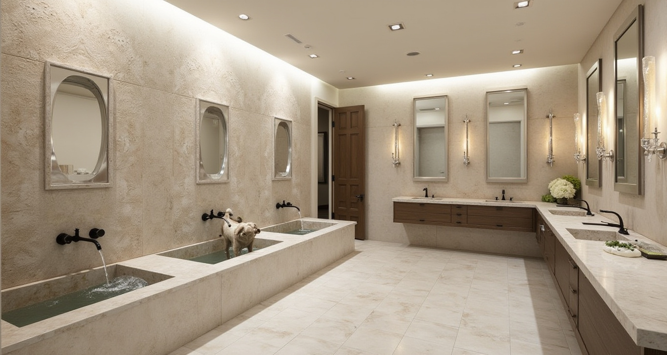 A bathroom with a lot of sinks and tubs