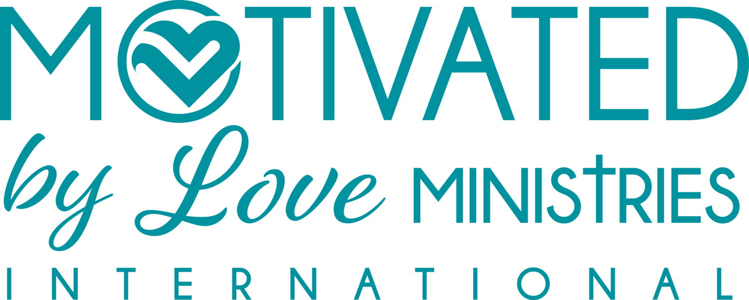 The logo for motivated by love ministries international is blue and white.