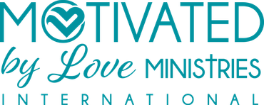 The logo for motivated by love ministries international is blue and white.