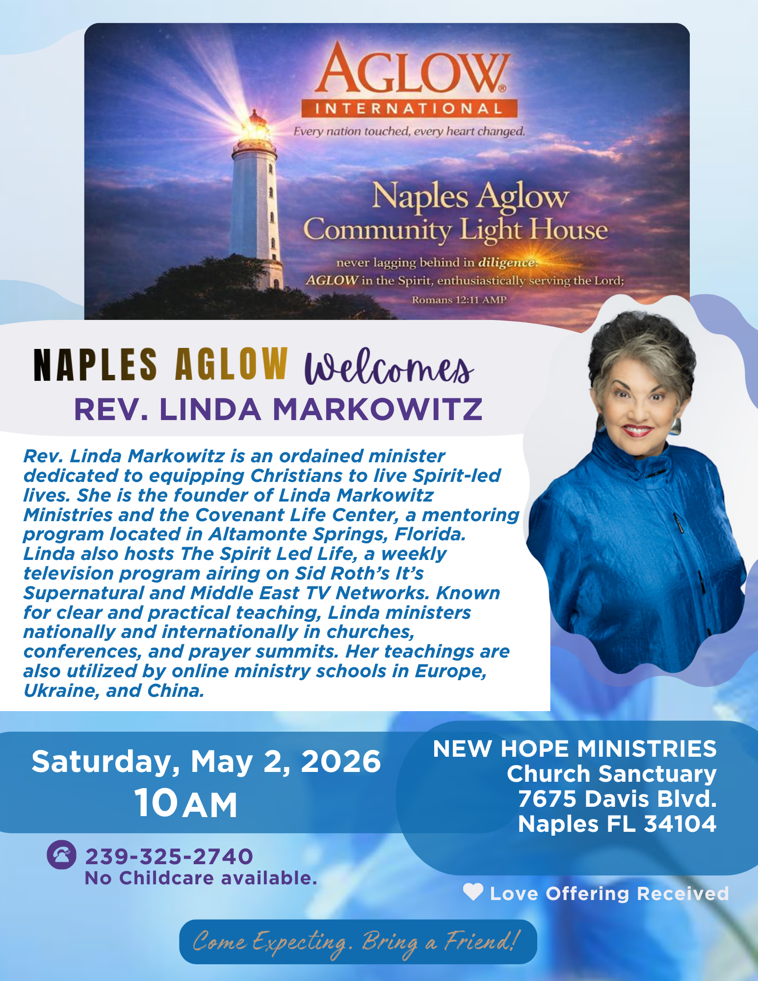 Event flyer for Naples Aglow welcoming Rev. Linda Markowitz on May 2, 2026, at 10 AM. Features a lighthouse at sunset, a portrait of Rev. Markowitz, and her ministry biography. Location: New Hope Ministries, Naples, FL. Includes contact info and a note that no childcare is available.