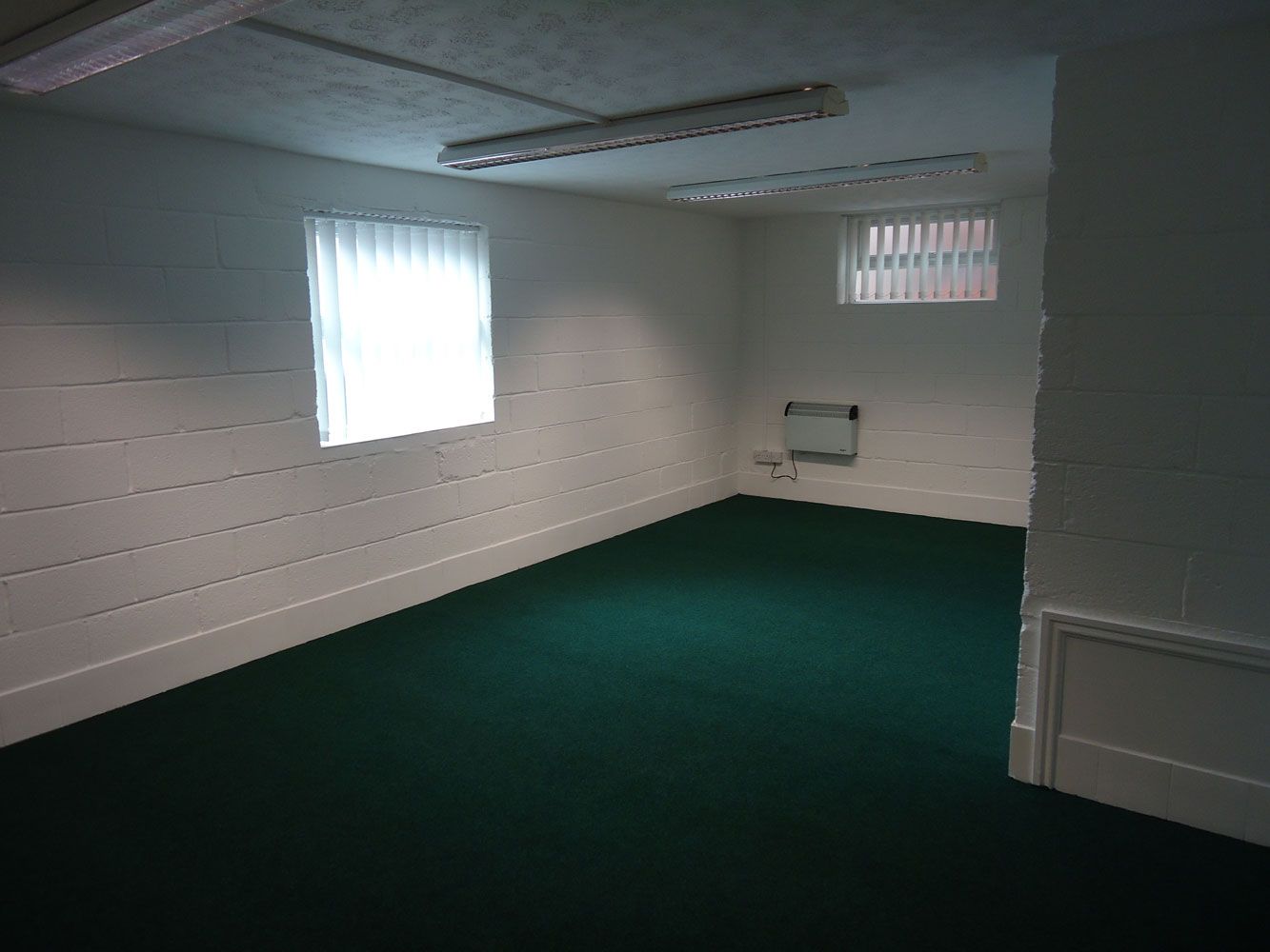 An empty room with green carpet and white walls